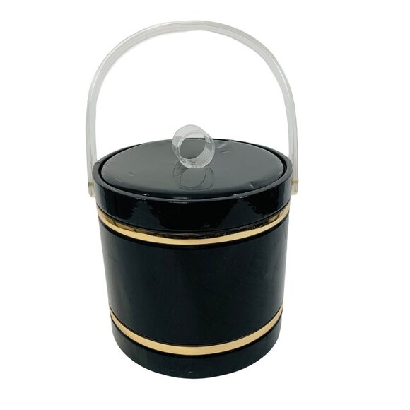 MCM Black Gold Ice Bucket Lucite Lid Handle VTG Barware Bar Cart Regency Decor - Picture 2 of 13